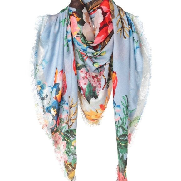 NWT Authentic Gucci Signature Floral Prints Wool Large Square Shawl Scarf Aqua - Picture 8 of 9